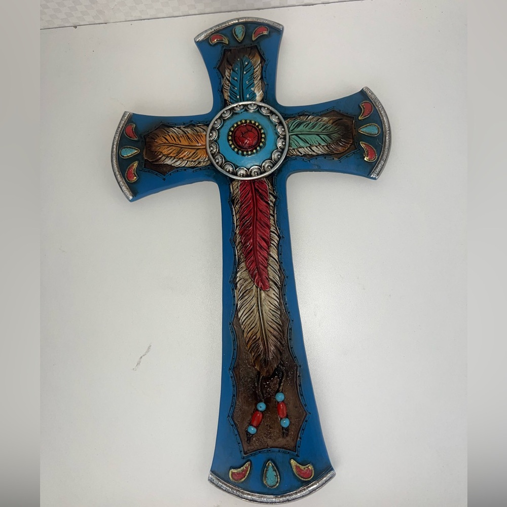 Southwest Native Indian Wall Cross Turquoise Feather Design Hand-Painted Navajo - Picture 2 of 16